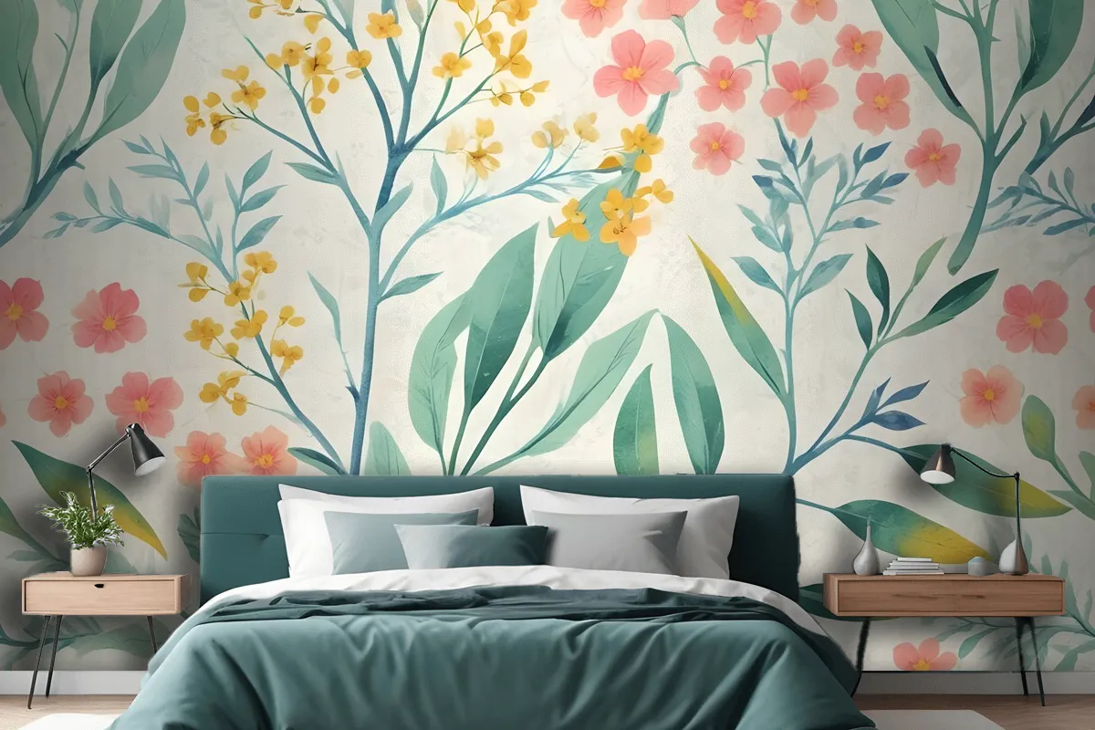 Watercolor Vintage Florals With Botanical Leaves Wallpaper Mural