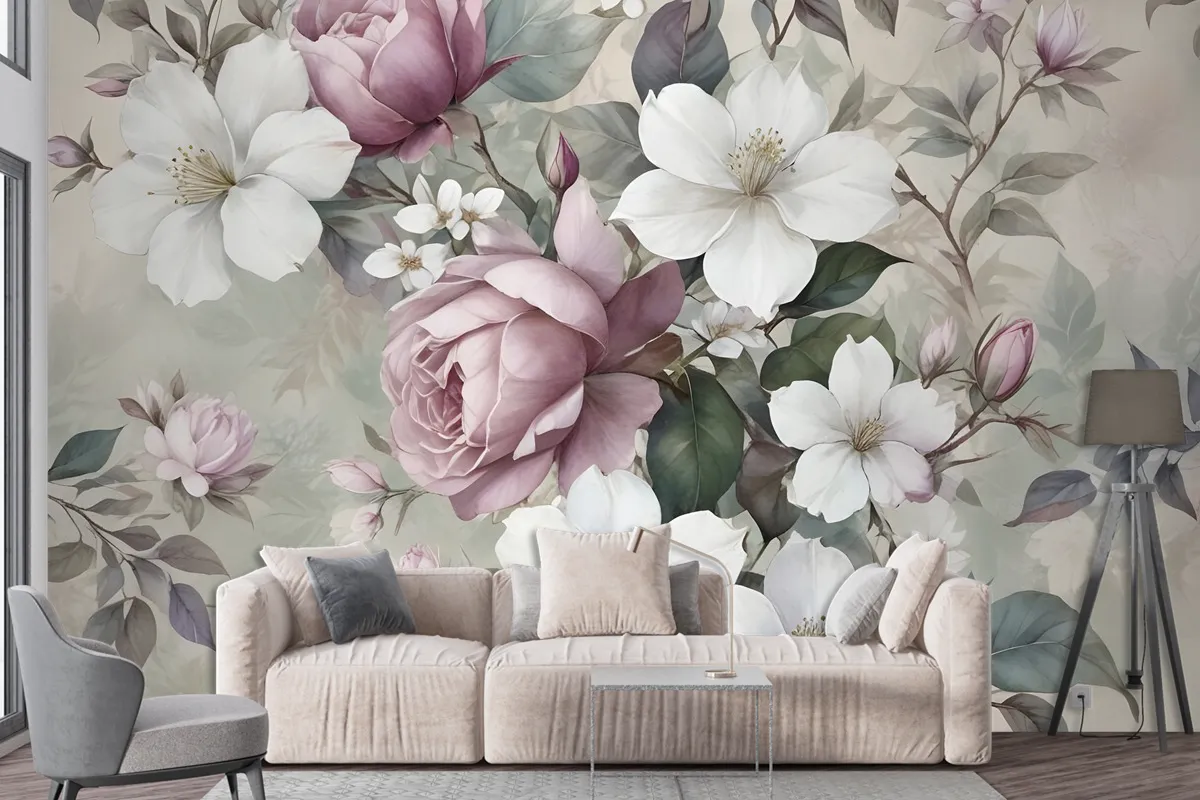 Watercolor Vintage Flower Wallpaper Mural