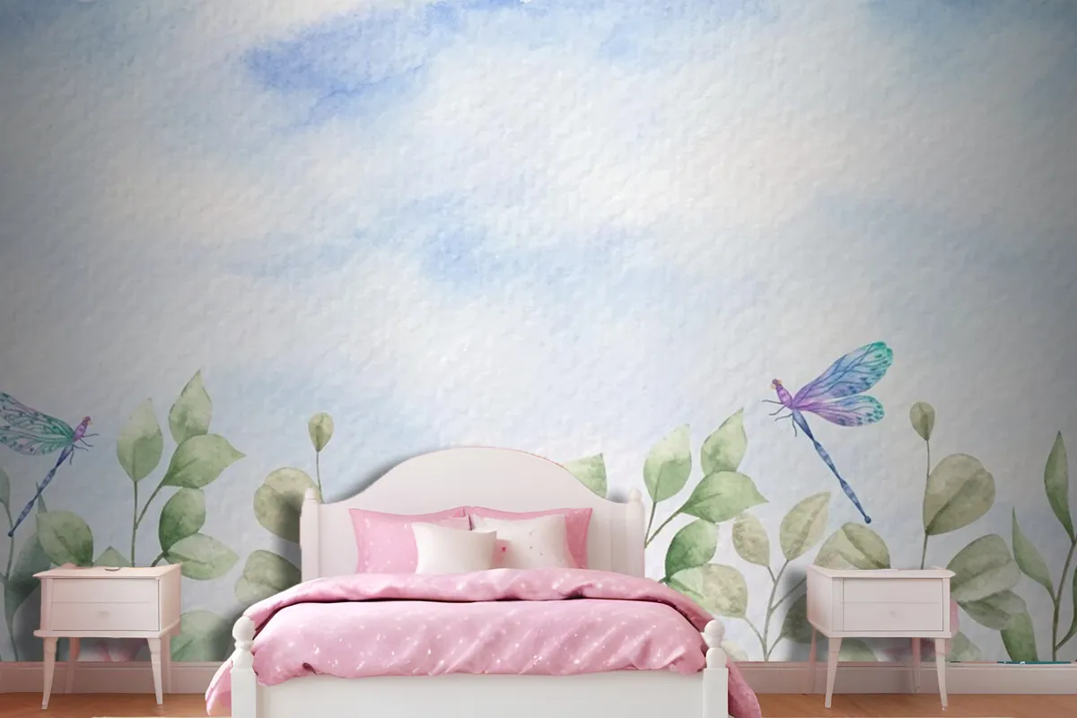 Watercolor Wild Leaves Landscape Background With Dragonflies Wallpaper Mural