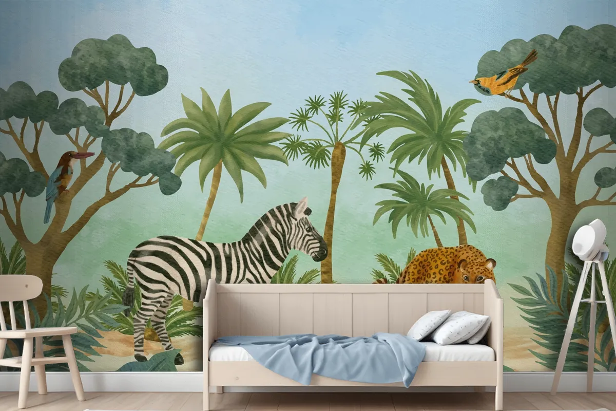 Watercolor Wildlife Background Kids Boy Wallpaper Mural