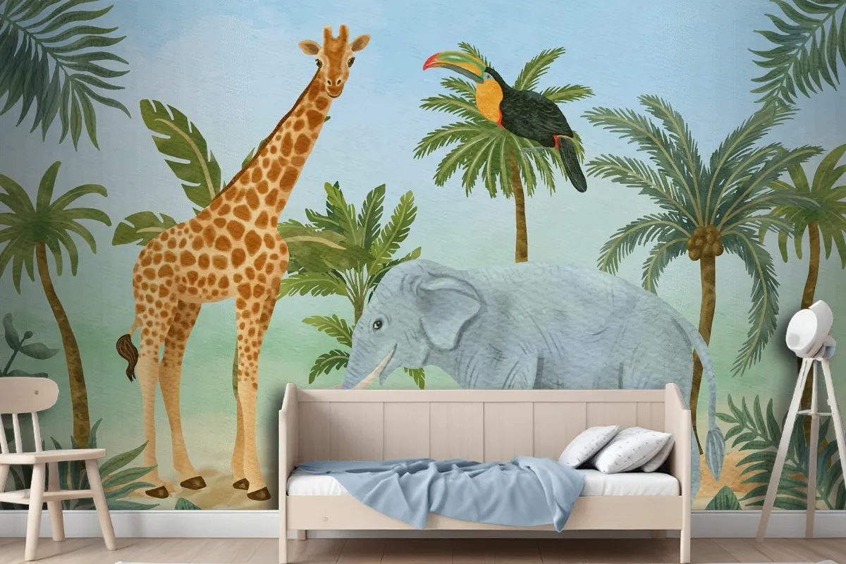 Watercolor Wildlife Background Kids Boys Wallpaper Mural