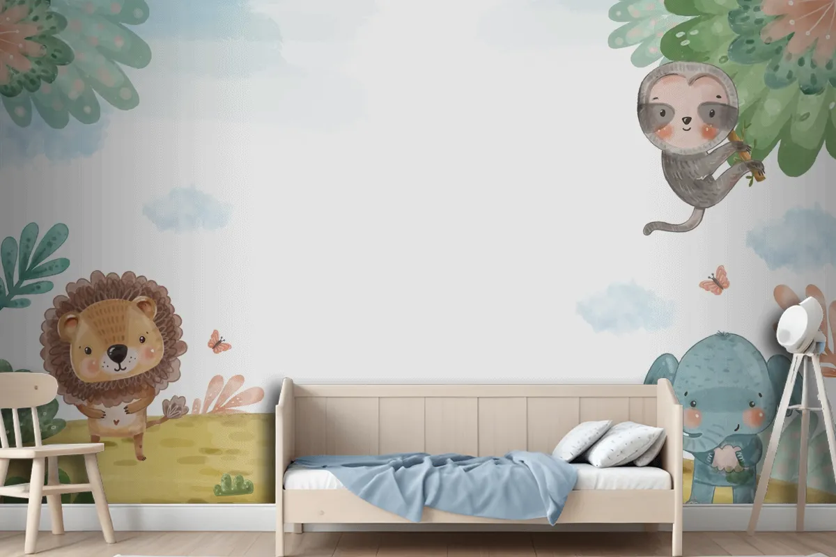 Watercolor Wildlife Background Kids Wallpaper Mural