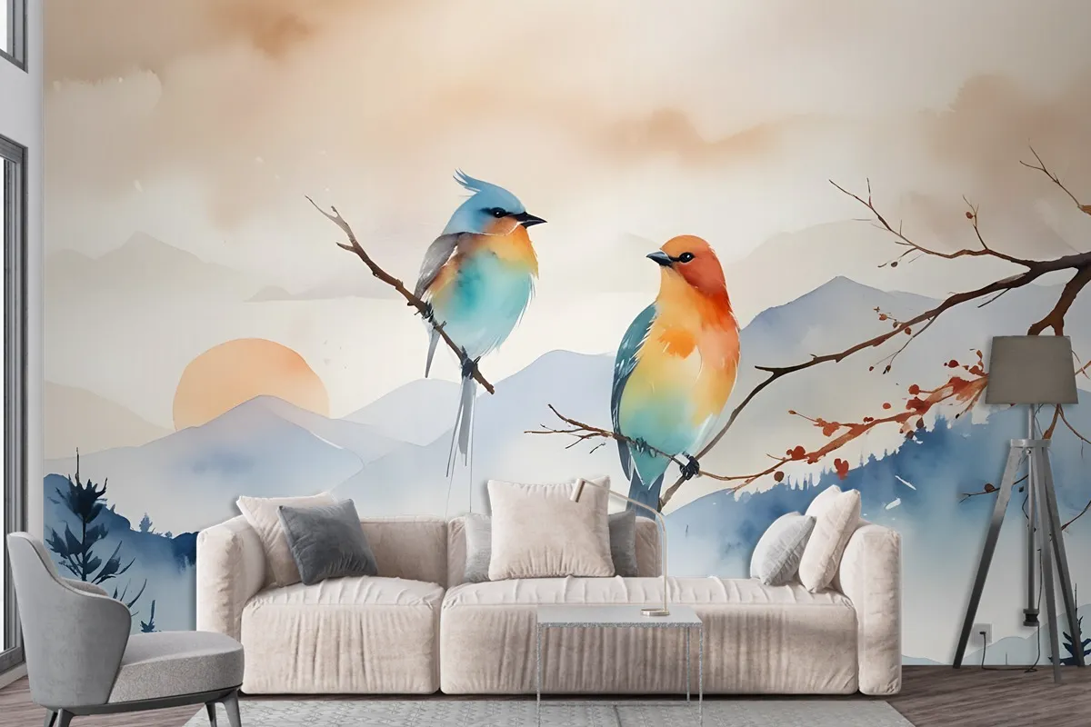 Watercolor Winter Landscape And Colorful Bird Wallpaper Mural