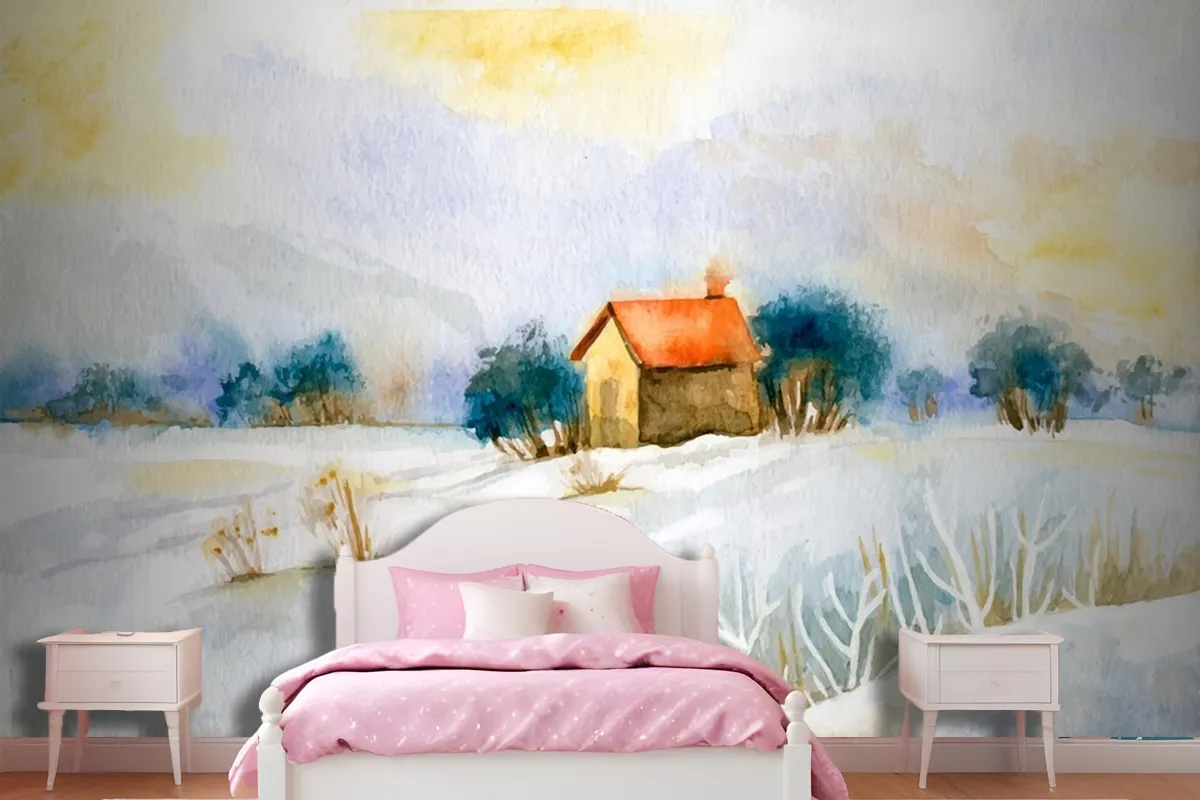 Watercolor Winter Landscape Girl Wallpaper Mural