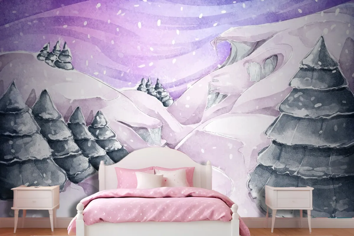 Watercolor Winter Landscape With Pines Wallpaper Mural