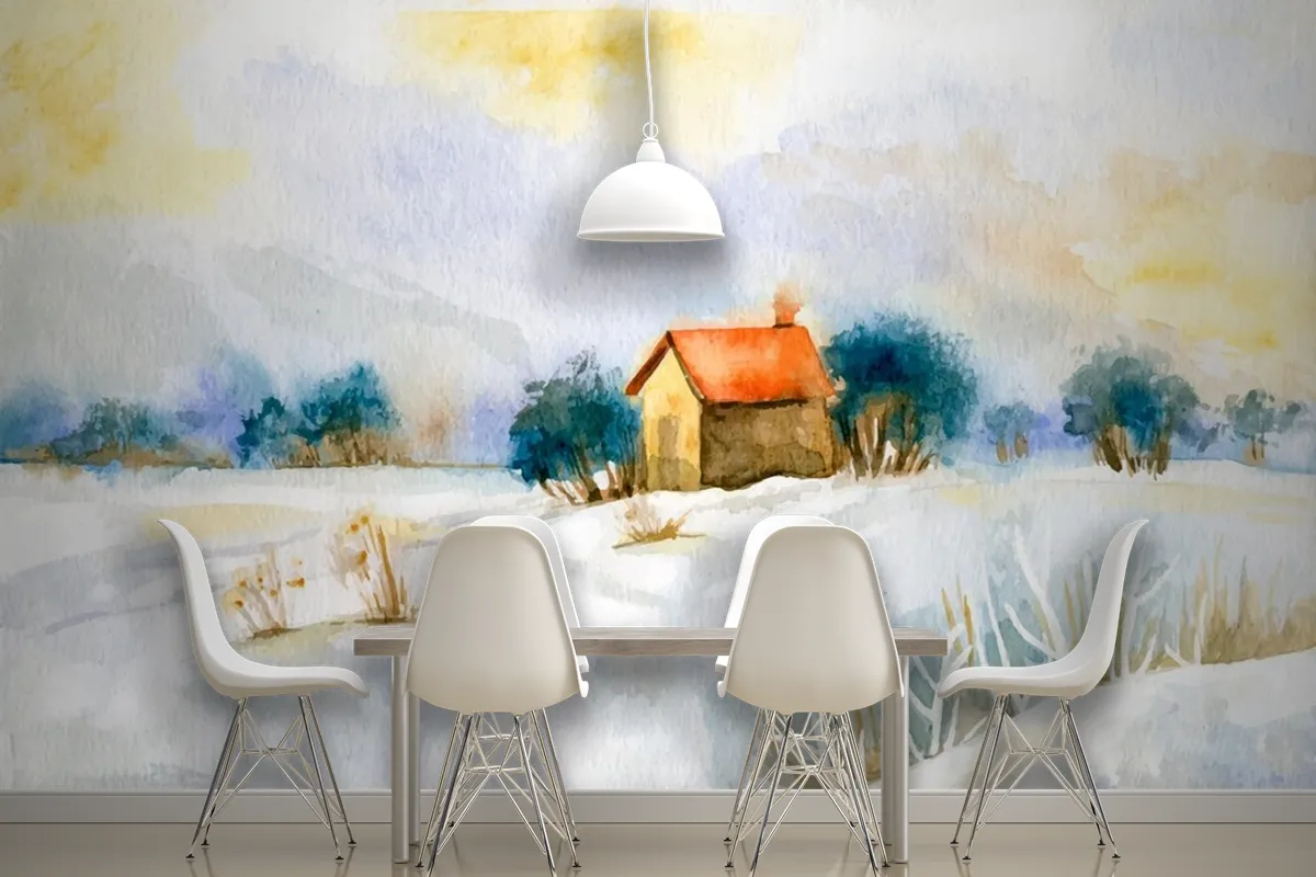 Watercolor Winter Landscape Wallpaper Mural