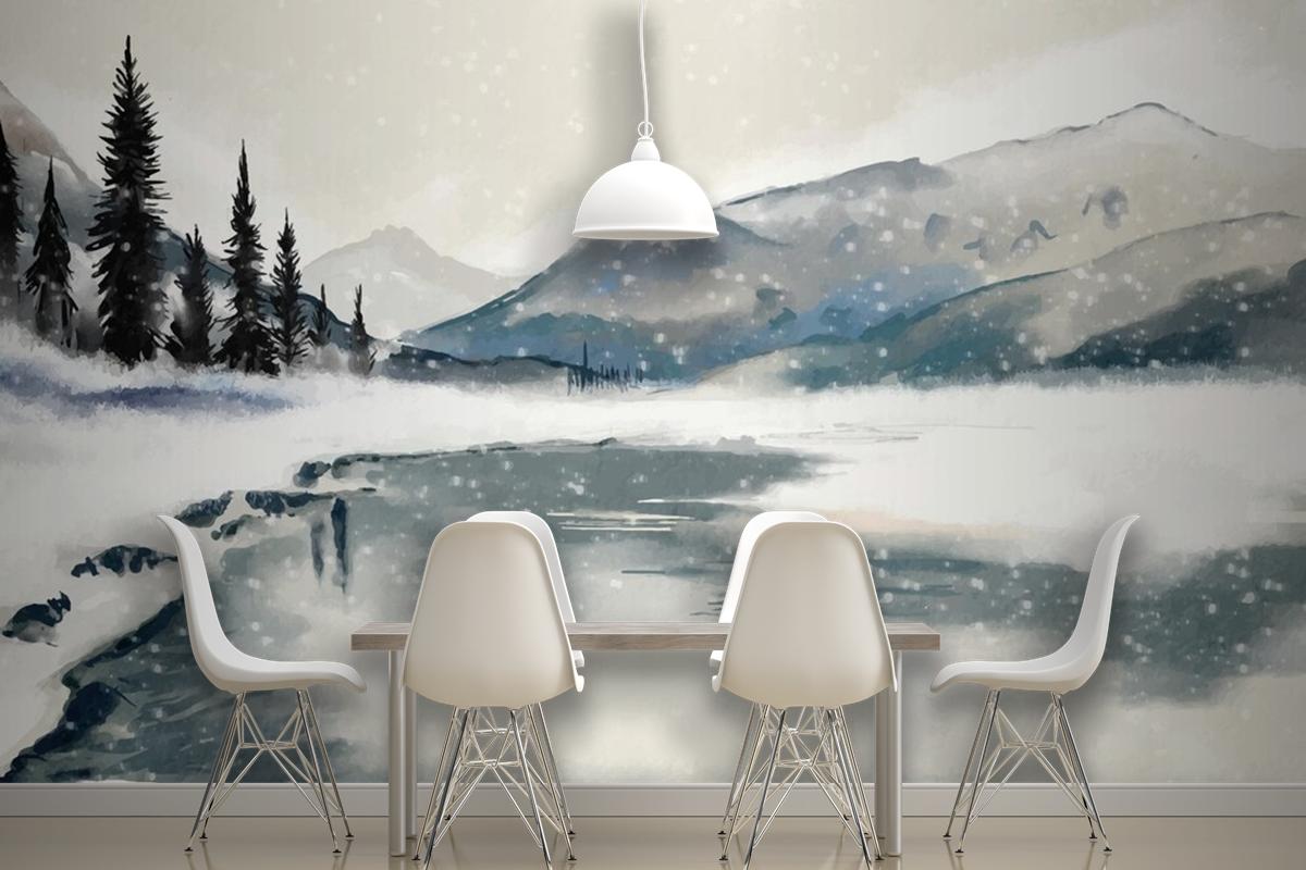 Watercolor Winter Landscape Dining Room Wallpaper Mural