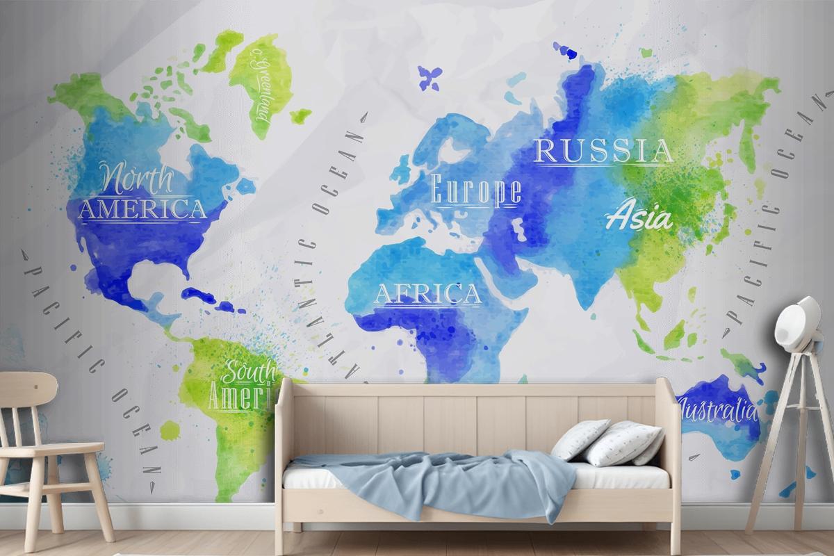 Watercolor World Map Kids Wallpaper Mural