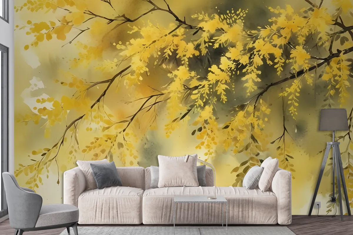 Watercolor Yellow Tree Landscape Wallpaper Mural