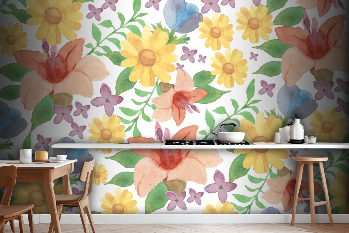 Watercolour Floral Background With Lilies Wallpaper Mural