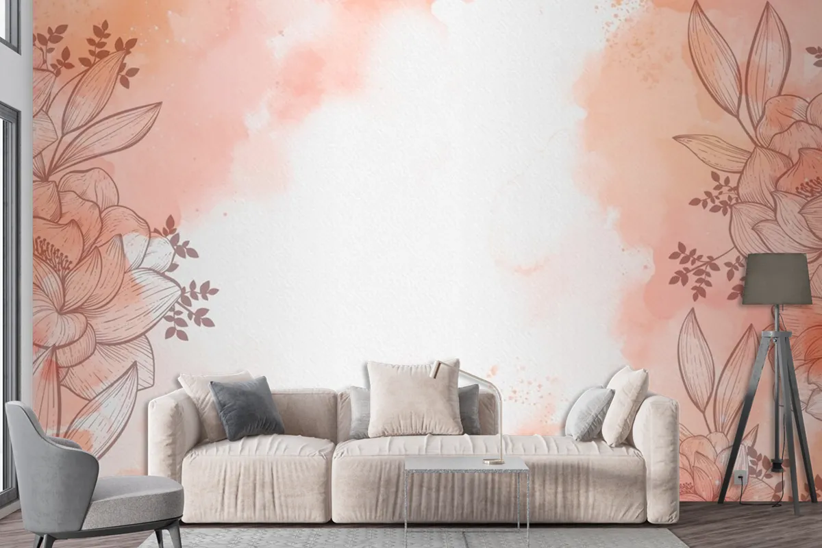 Watercolour With Hand Drawn Flowers Background Wallpaper Mural