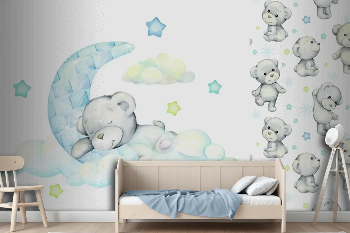 White Bear Sleeps On The Moon And Clouds Wallpaper Mural