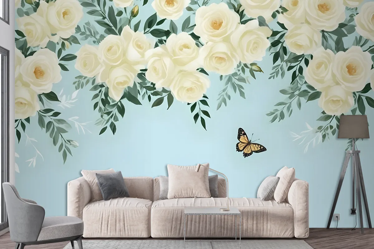 White Flowers And Yellow Butterfly Wallpaper Mural