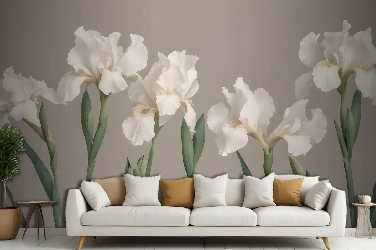White Iris Flowers With Green Stems Against A Neutral Wallpaper Mural