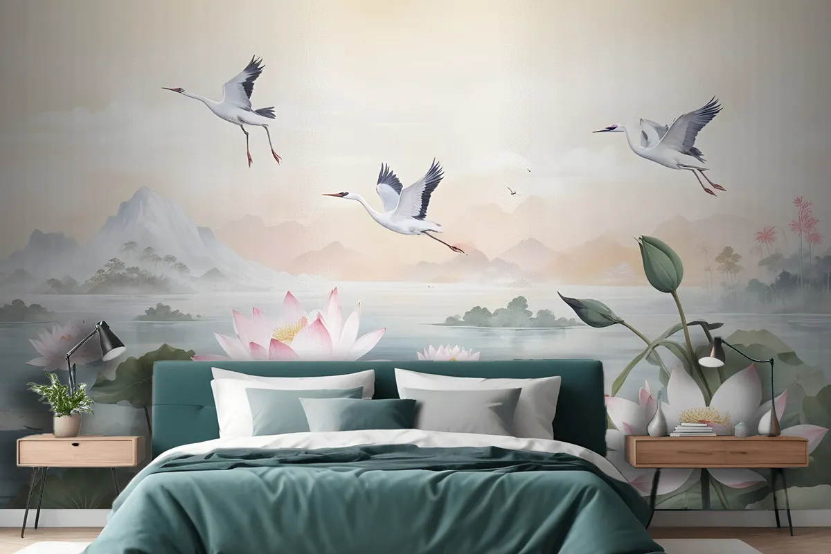 White Lotus Floral And Crane Birds Wallpaper Mural