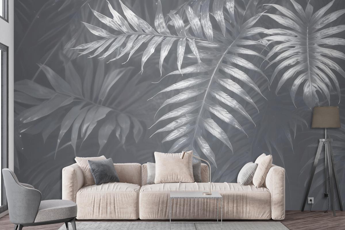 White Tropical Leafy Wallpaper Mural