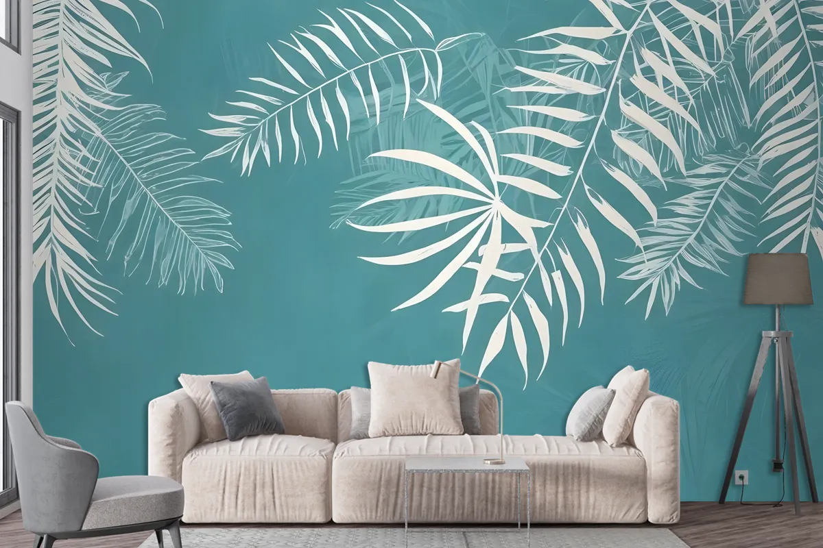 White Tropical Leaves Wallpaper Mural