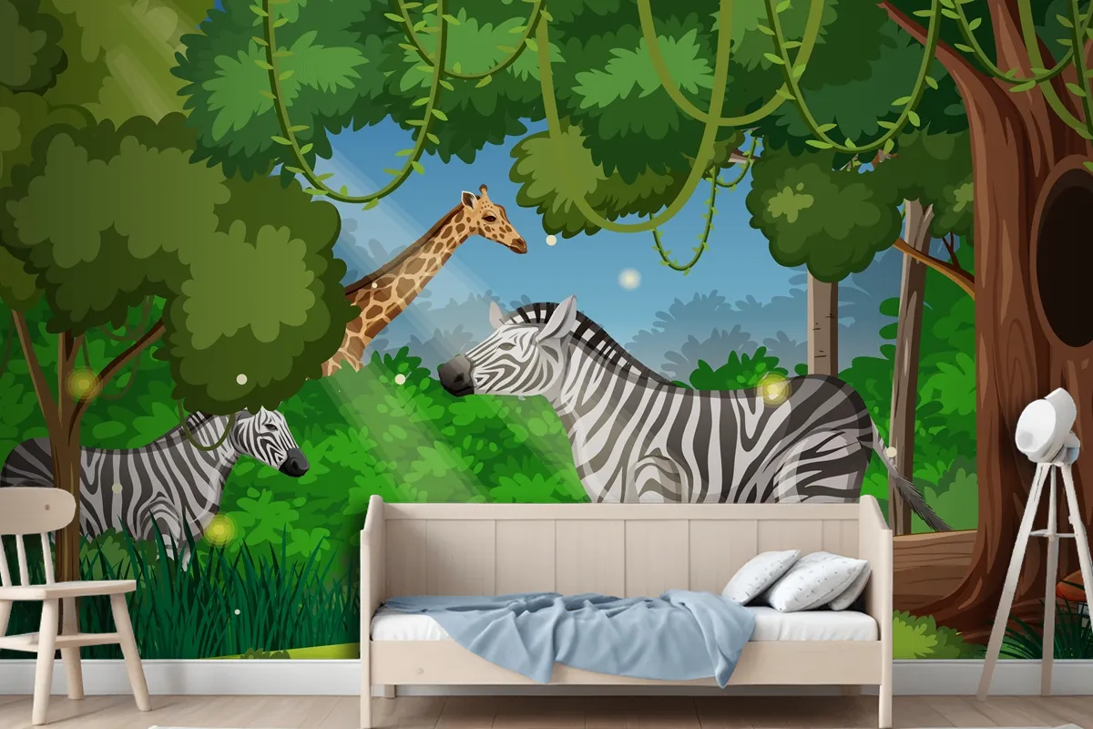 Wild Animals In Forest Landscape Wallpaper Mural