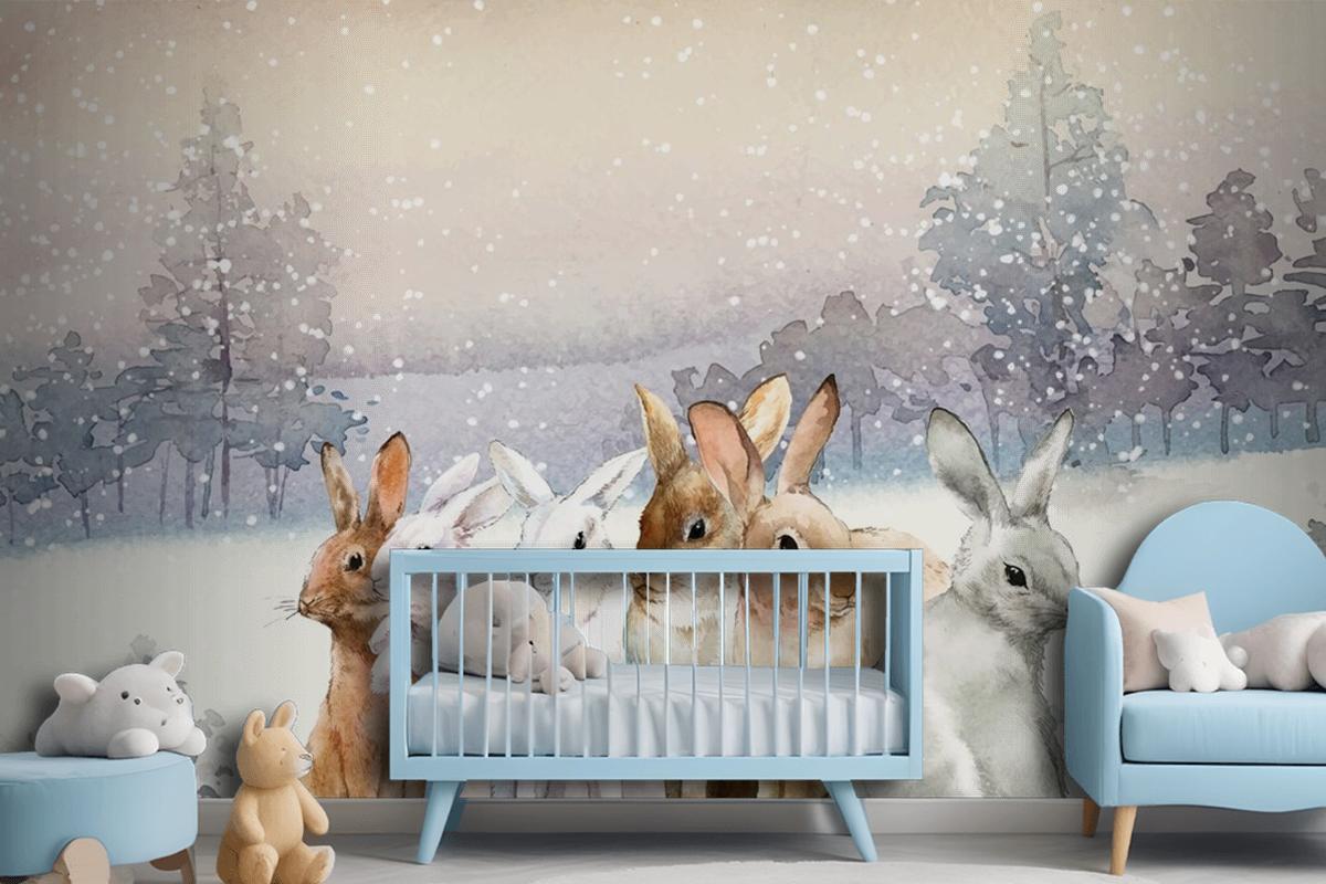 Wild Rabbits In The Winter Snow Painted By Watercolor Wallpaper Mural