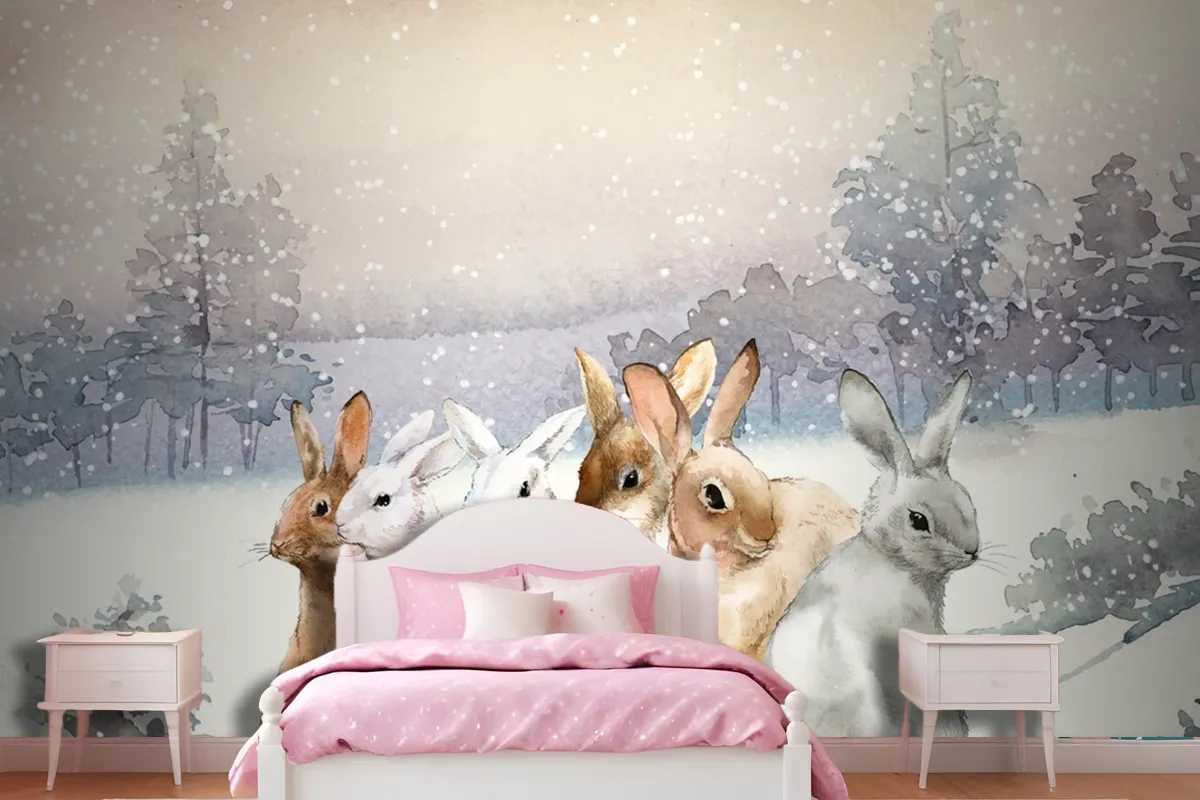 Wild Rabbits In The Winter Snow Painted By Watercolor Wallpaper Mural