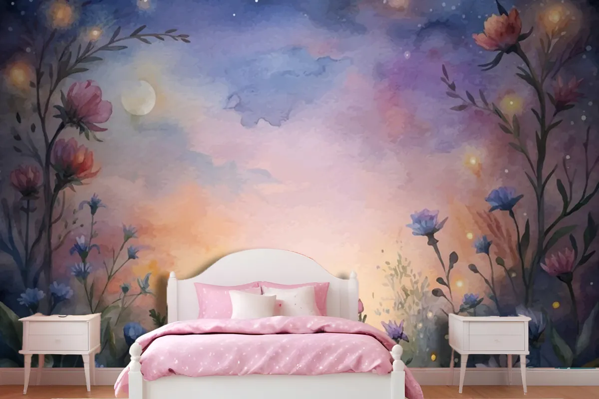 Wildflower Watercolor Background At Sunset Wallpaper Mural