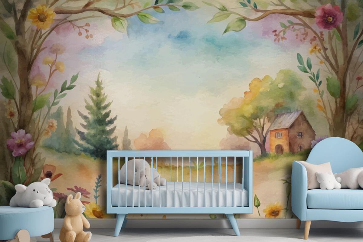 Wildflower Watercolor Background In The Countryside Wallpaper Mural