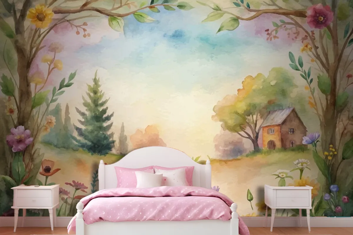 Wildflower Watercolor Background In The Countryside Wallpaper Mural