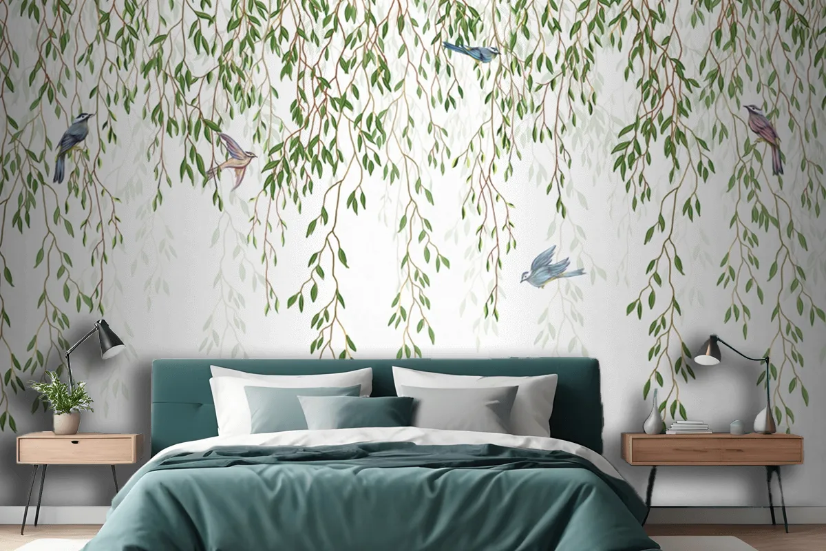 Willow Branches Hanging From Above With Birds On A White Background Wallpaper Mural