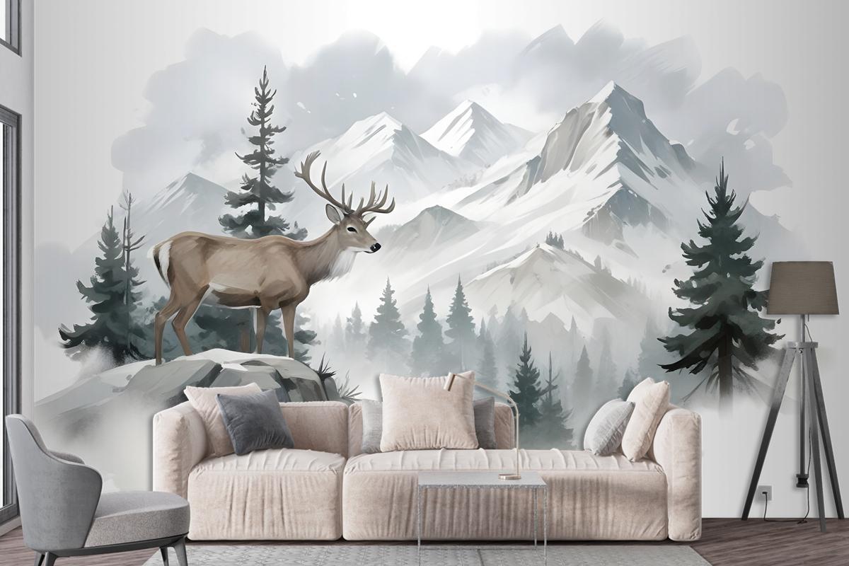 Winter Forest And Horned Deer Wallpaper Mural