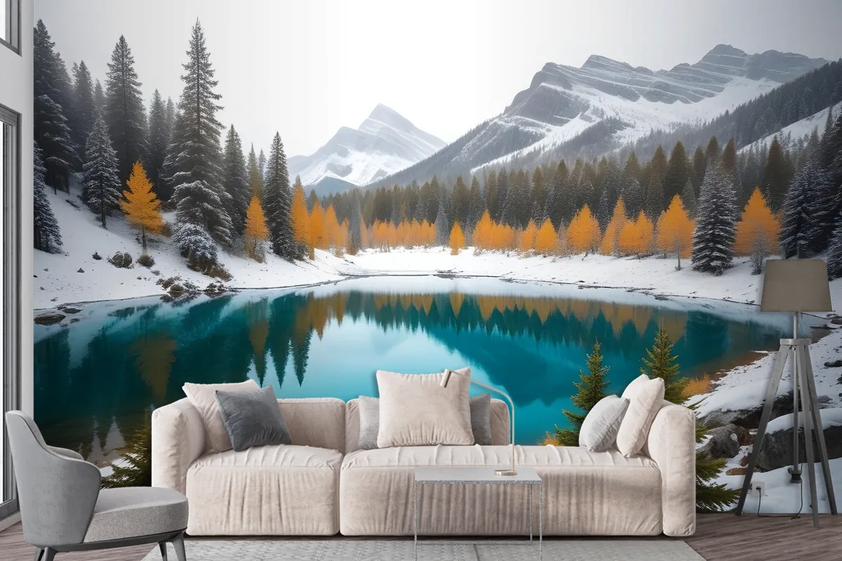 Winter Lake Landscape With Pine Forest Wallpaper Mural