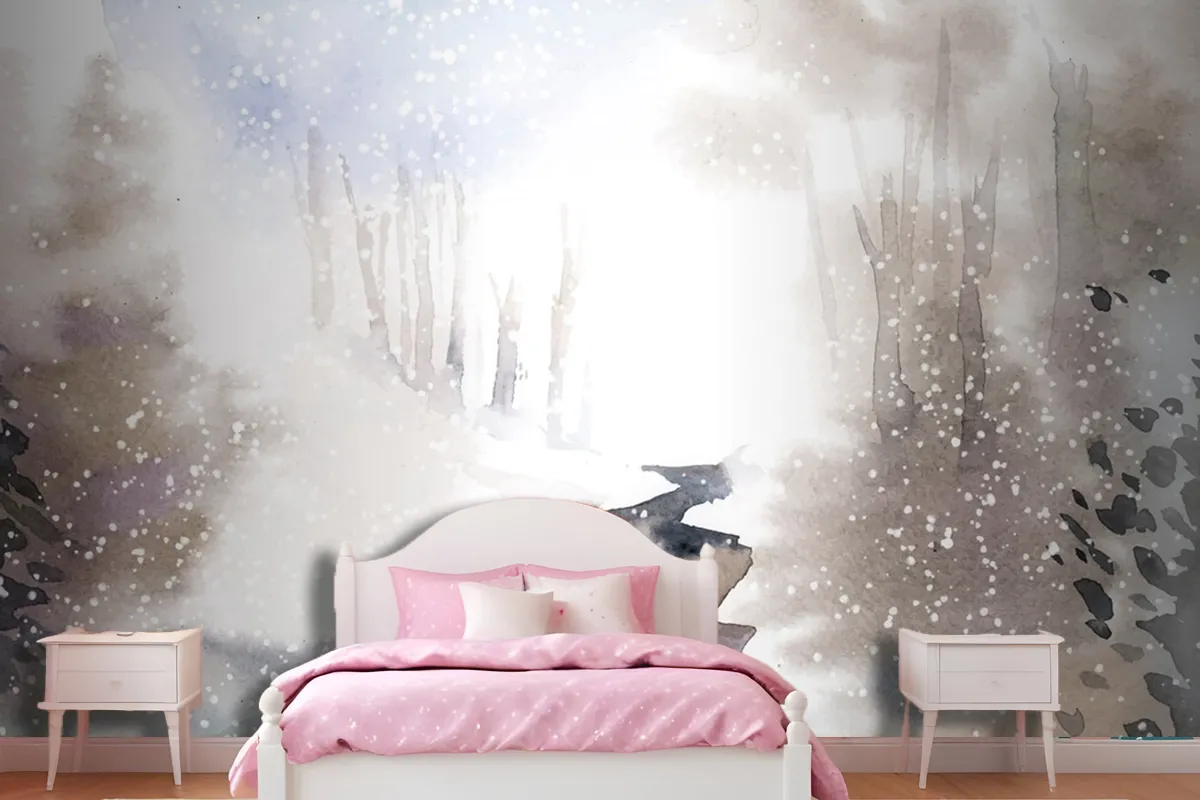 Winter Wonderland Landscape Painted By Watercolor Wallpaper Mural