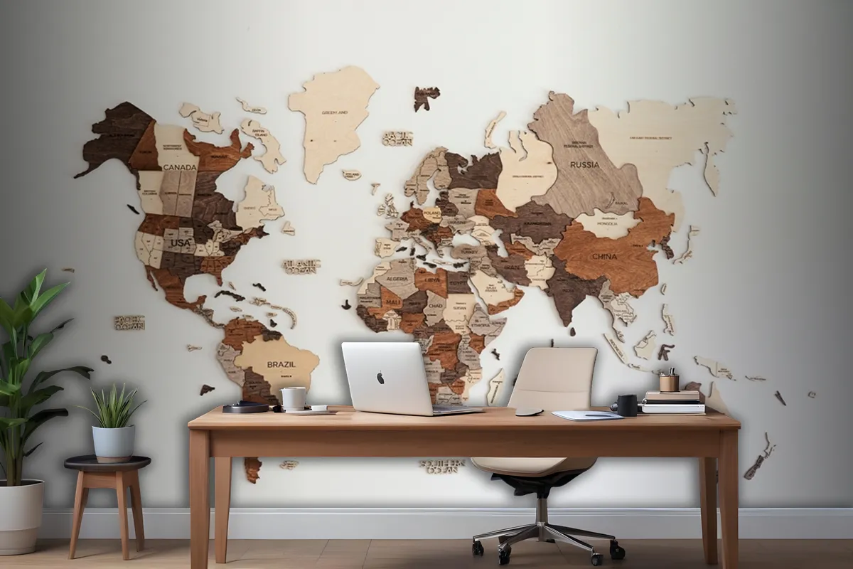 World Map Made Of Wood Crafts Wallpaper Mural