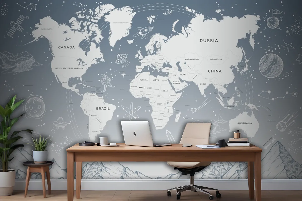 World Map Soft Blue Background Solar System Galaxy Space Wallpaper Mural