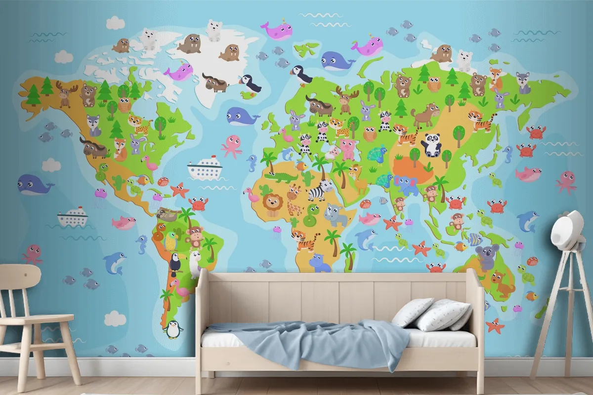 World Map With Animals For Kids Wallpaper Mural