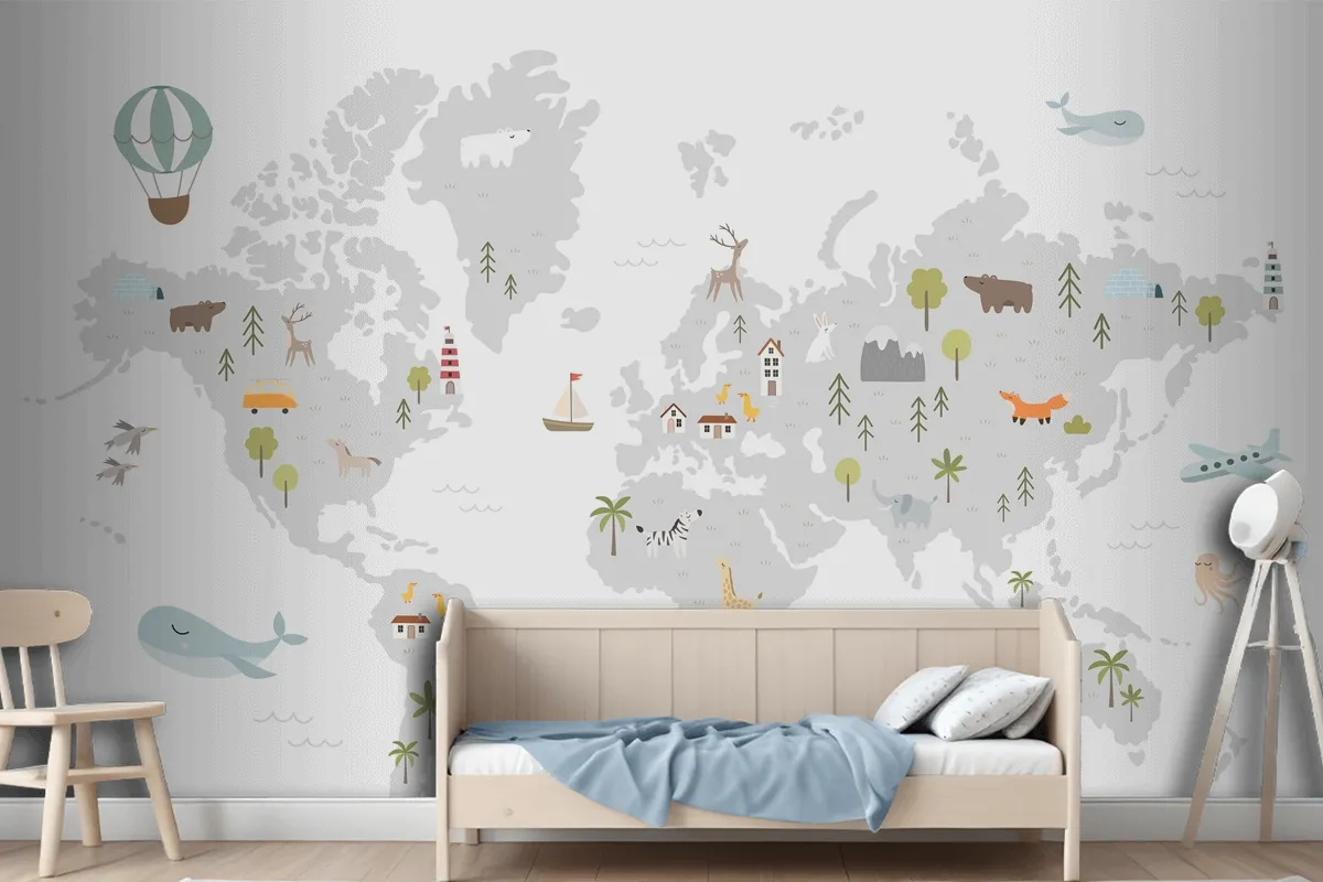 World Map With Animals Houses Nature Elements Wallpaper Mural