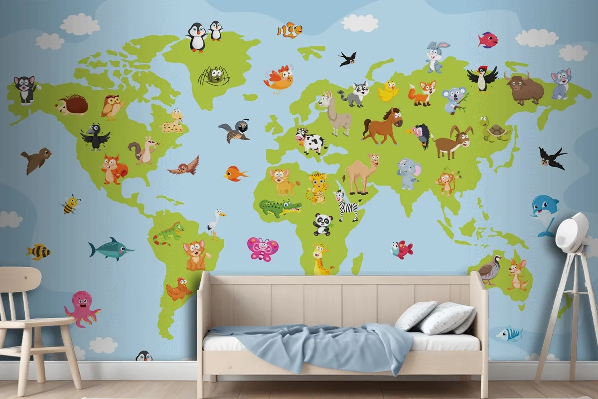 World Map With Cartoon Animals Wallpaper Mural