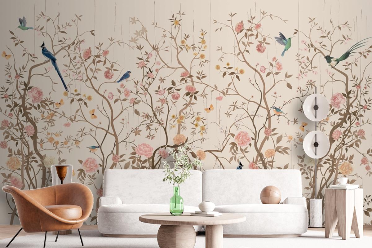 Chinoiserie Wallpaper With Birds And Flowers Wallpaper Mural