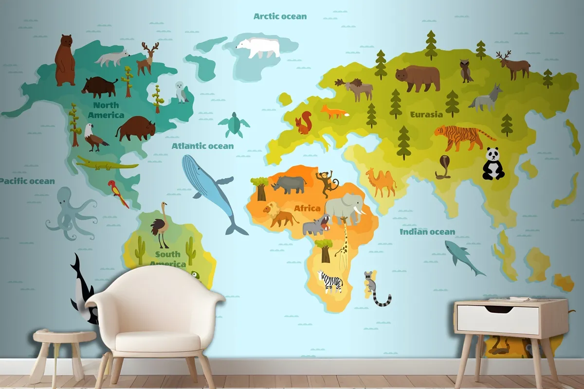 Funny Cartoon Animal World Map For Children With The Continents Wallpaper Mural