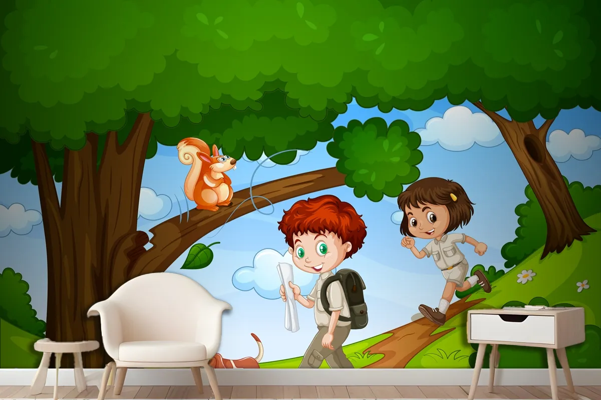 Boy And Girl Enjoy In The Park With Cute Animal Scene Wallpaper Mural