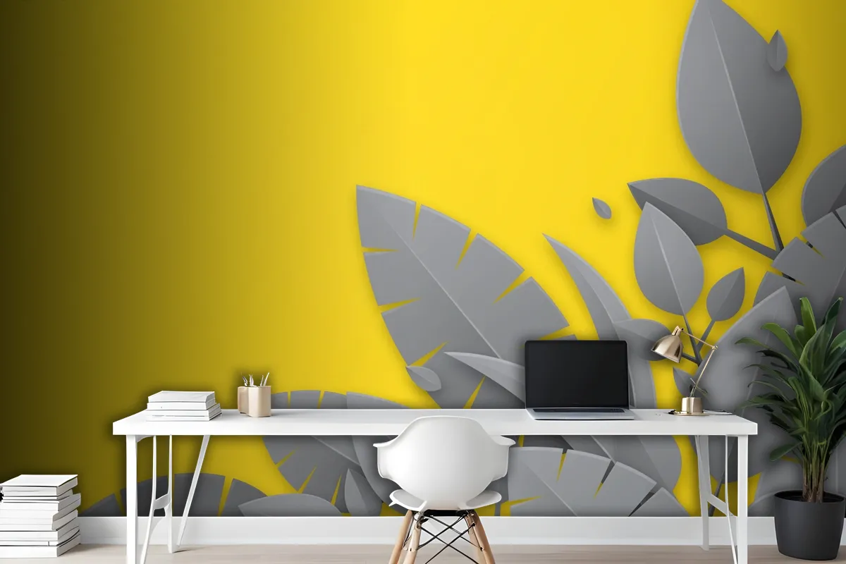 Yellow Background And Gray Leaves Office Wallpaper Mural