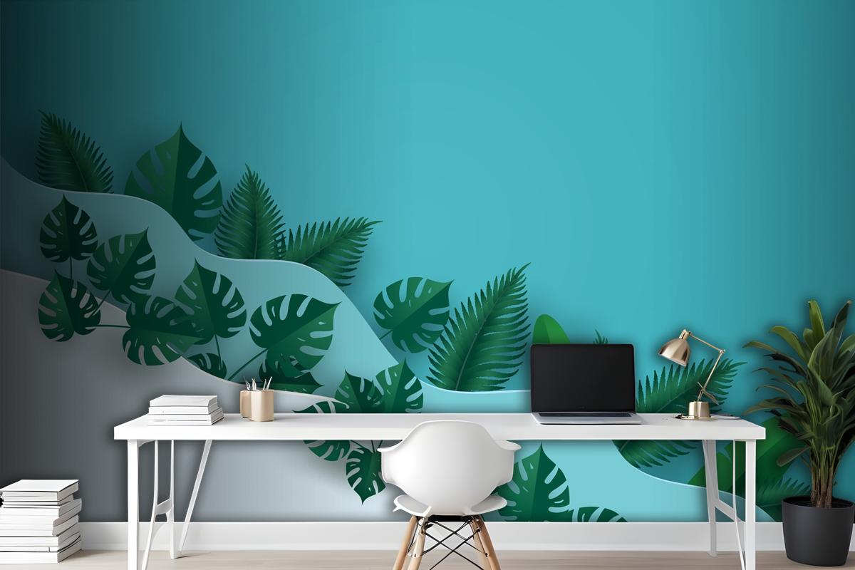 Green Leafs Or Foliage In Multi Wave Layer Wallpaper Mural