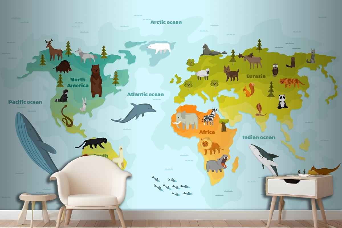 World Map With Different Animal Wallpaper Mural