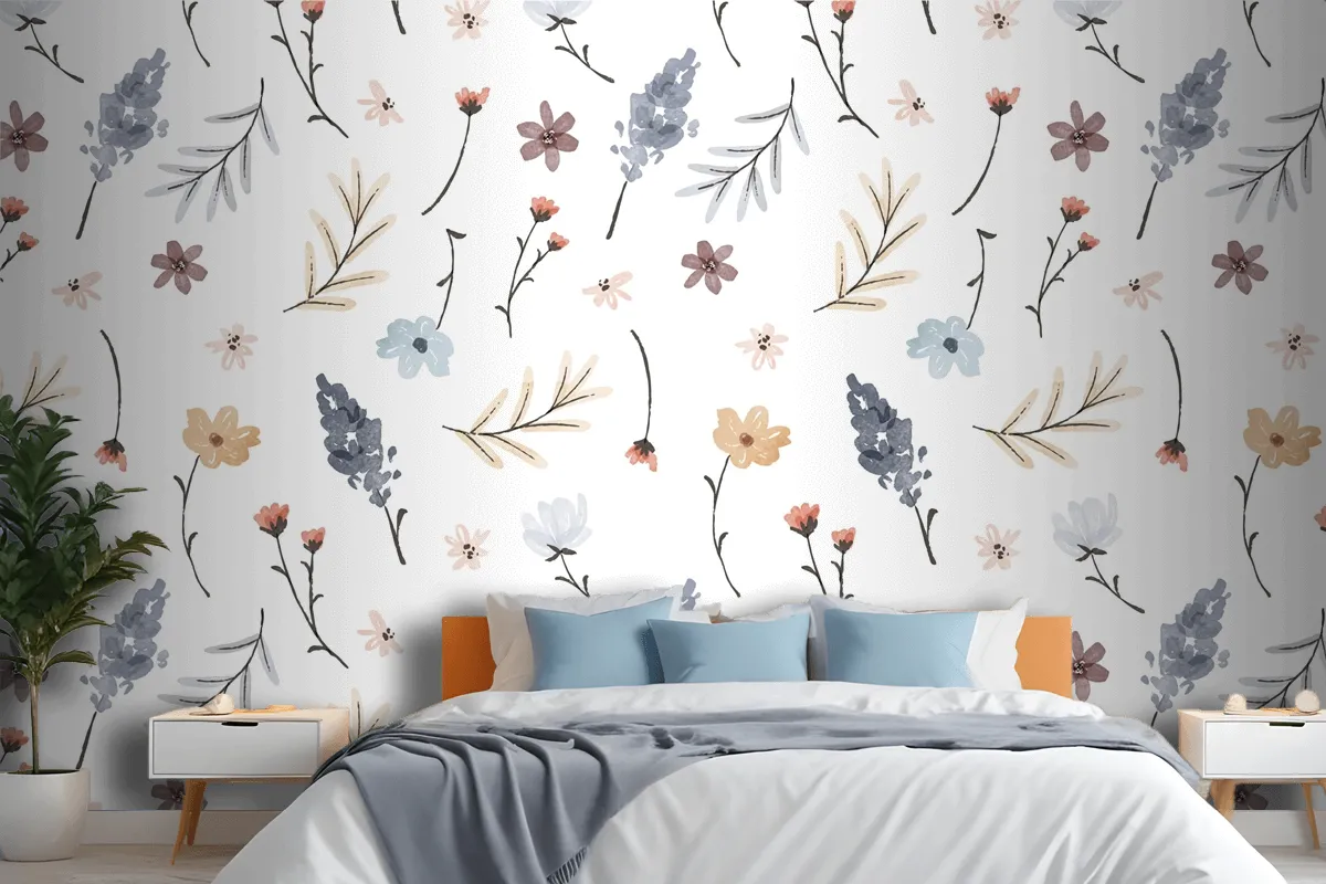 Hand Painted Watercolor Pressed Flowers Pattern Wallpaper Mural