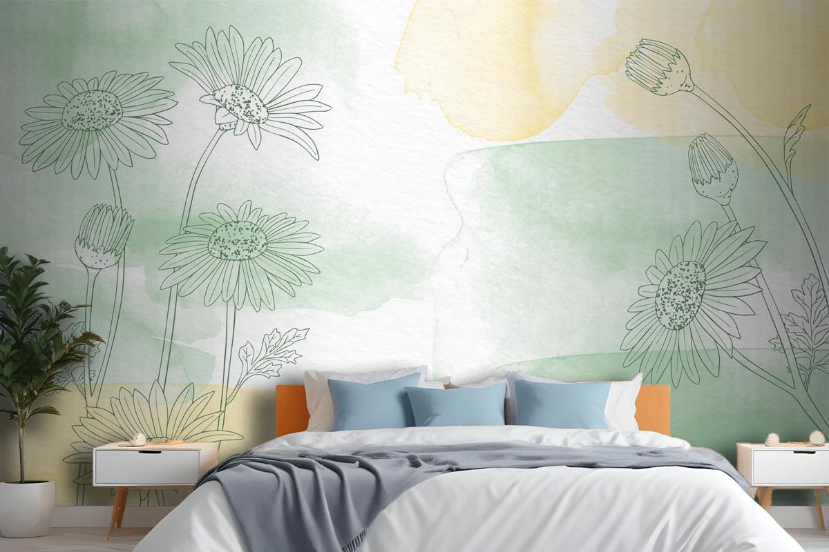 Hand Painted Background With Drawn Flowers Wallpaper Mural