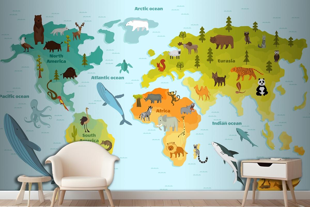 World Map With Different Animal Wallpaper Mural