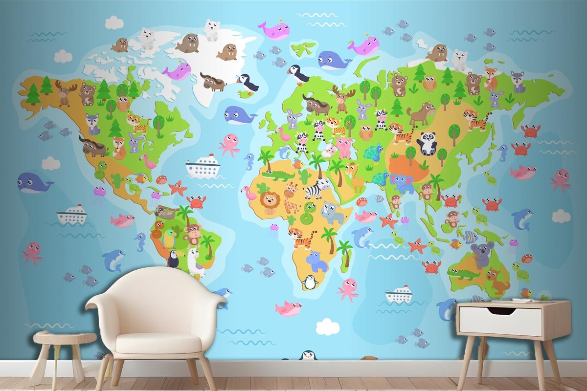  World Map With Animals For Kids Wallpaper Mural