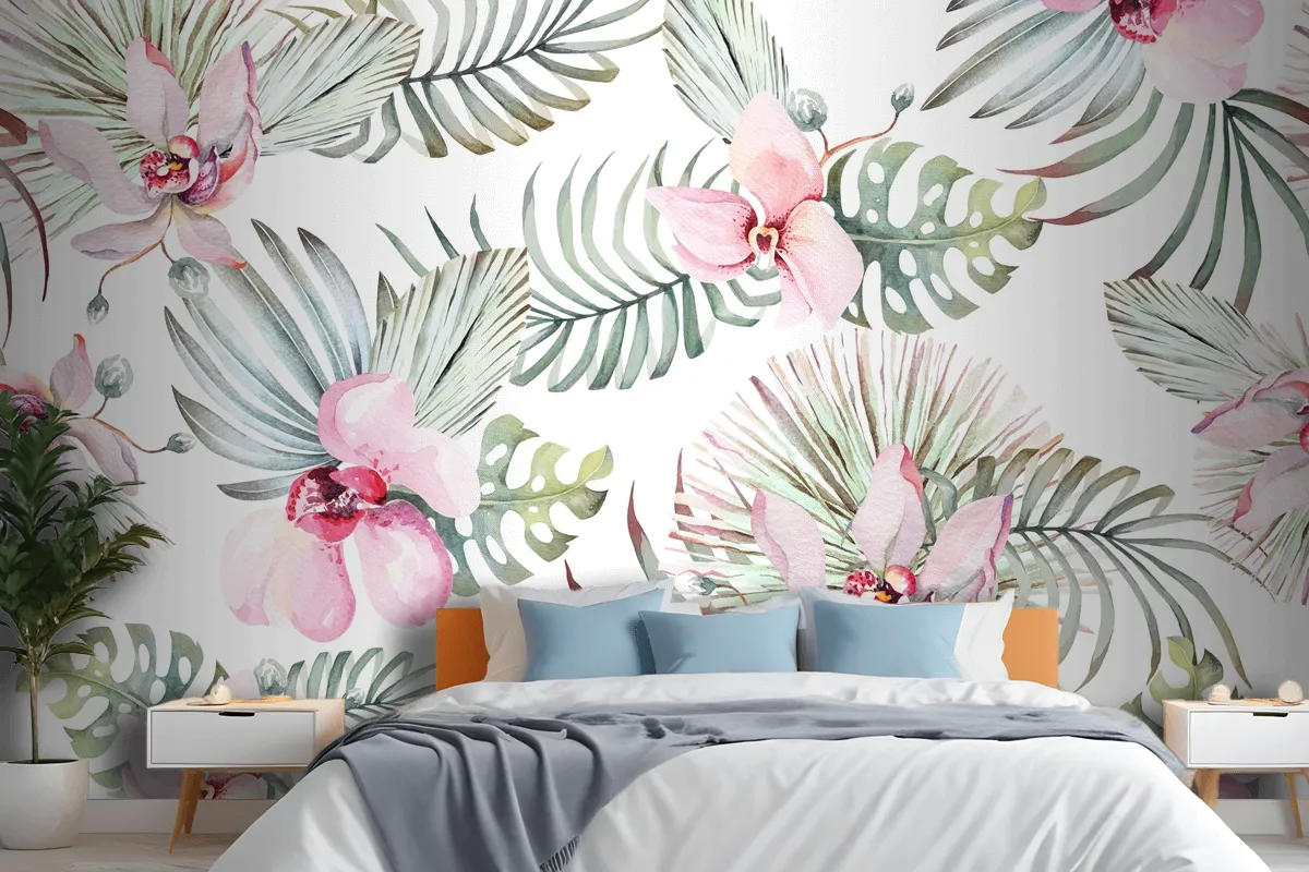 Seamless Pattern Of Tropical Plant Orchid And Flower For Fabric Wallpaper Mural