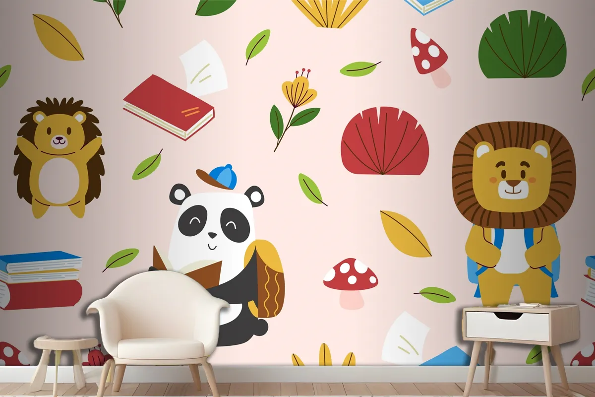 Hand Drawn Childlike Animals Pattern Wallpaper Mural