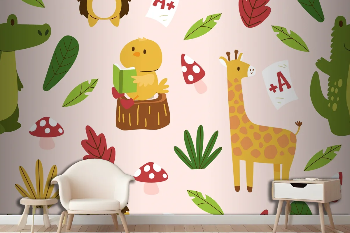 Hand Drawn Childlike Animals Pattern Wallpaper Mural