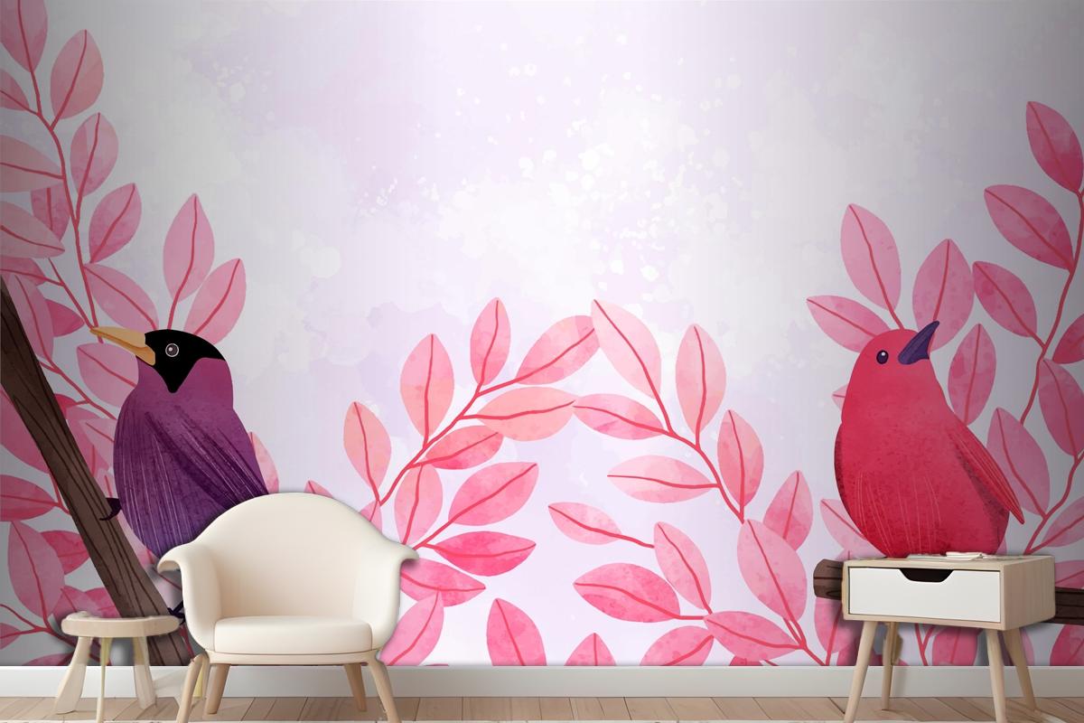 Beautiful Watercolor Of Birds Sitting On Branches Wallpaper Mural